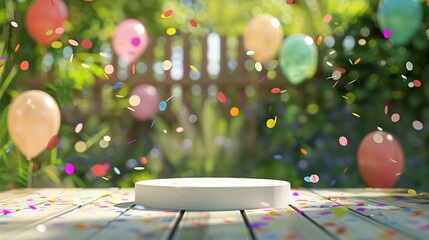 An empty tabletop set in a vibrant home backyard garden, adorned with party elements and a festive mood. Perfect blank copy space for text, ideal for celebrations, gatherings, and outdoor events.