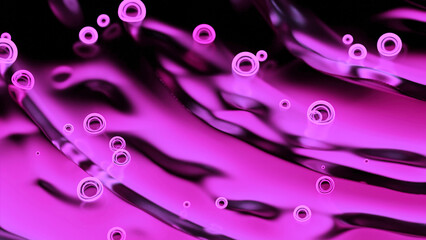 Poster - Neon bubbles move on surface of liquid. Design. Bright neon bubbles move on ripples of liquid. Beautiful bubbles move on abstract blurred liquid