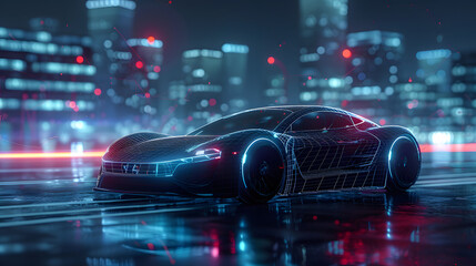 Wall Mural - picture of a futuristic electric black car with a holographic wireframe digital technology background