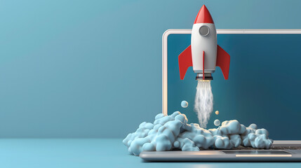 Rocket coming out of laptop screen, blue background