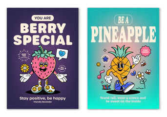 retro cartoon walking smiled strawberry and pineapple mascot character surrounded by smiled elements