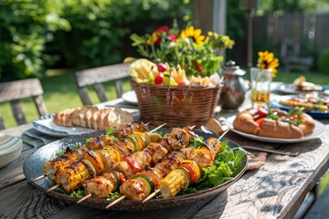 Backyard barbecue feast. juicy chicken skewers, fresh salad, grilled corn, baguettes