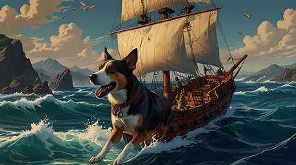  cartoon dog with a red collar is standing in the ocean next to a wooden sailing ship