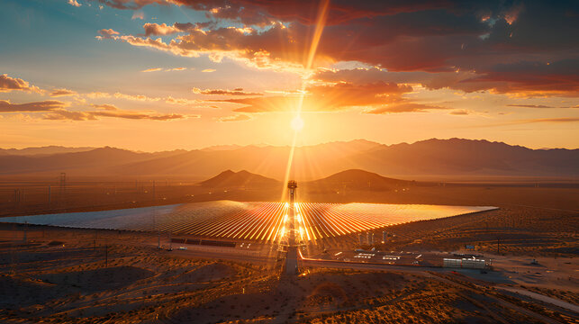 Aerial view of a concentrated solar thermal plant at sunrise, Mojave Desert, California, near Las Vegas, United States