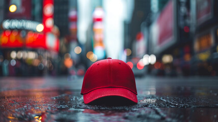 a busy roadside city scene, an eye-catching mockup of a crimson trucker cap takes center stage. The cap is carefully placed on a railing overlooking a city street filled