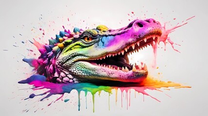adorable crocodile head wearing sunglasses with Colored powder explosion on background 