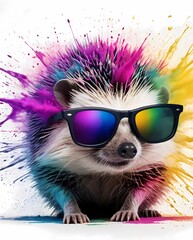 adorable Hedgehog head wearing sunglasses with Colored powder explosion on background 