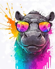 Wall Mural - adorable hippo wear sunglasses with colorful paint splash