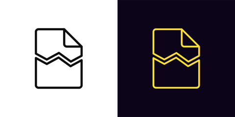 Poster - Outline damaged file icon, with editable stroke. Broken document sign with crack. Damaged system file, hack and destroy data, breach contract and agreement, document error, cyber threat. Vector icon