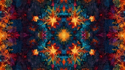 Wall Mural - kaleidoscope with shades of blue, green, orange and purple.