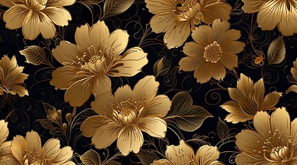 Wall Mural - pattern of gold-colored flowers and leaves on a dark brown background
