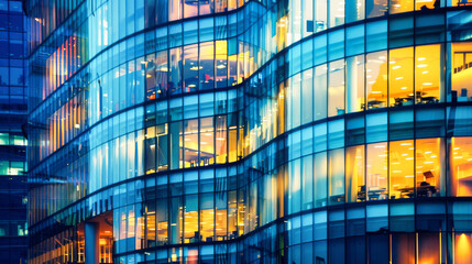 Poster - A curved glass skyscraper office building at night