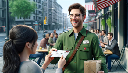 Wall Mural - Image of a cheerful postman handing over an envelope. The concept of not forgetting loved ones.