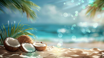 Wall Mural - sand coconut palm leaves above ocean blur background summer banner promotion