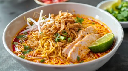 Wall Mural - A bowl of khao soi (Northern Thai curry noodles) with chicken, topped with crispy noodles and lime wedges.
