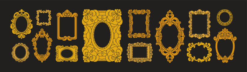 Poster - Victorian-style frames set. Antique vintage picture and mirror borders, decorative baguettes. Golden carved design for interior art, painting. Old gallery and museum decor. Flat vector illustrations