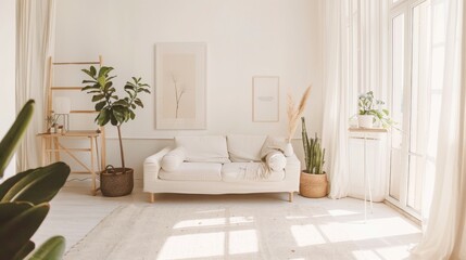 Poster - A bright and airy minimalist living room with white walls, simple furniture, and a few potted plants for a touch of greenery.