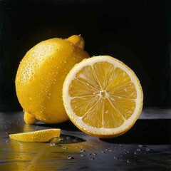 Wall Mural - Fresh lemon with half sliced, showing juicy pulp and vibrant yellow skin on white background