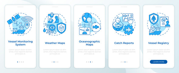 Wall Mural - Fisheries workflow monitoring blue onboarding mobile app screen. Walkthrough 5 steps editable graphic instructions with linear concepts. UI, UX, GUI template. Montserrat SemiBold, Regular fonts used
