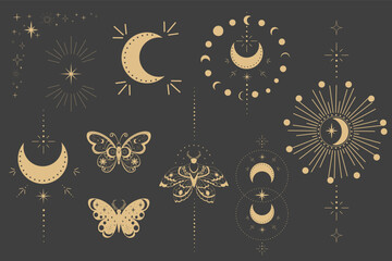 Wall Mural - esoteric frame tattoo gold line border magic sacred moon decoration cover, celelstial mystery esoter