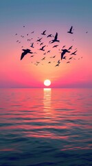 Wall Mural - A flock of birds soaring high above a tranquil seascape, their silhouettes against the setting sun.