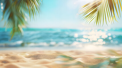 Beautiful wide panorama of a paradise beach with golden sand and palm leaves in blur. Summer banner.