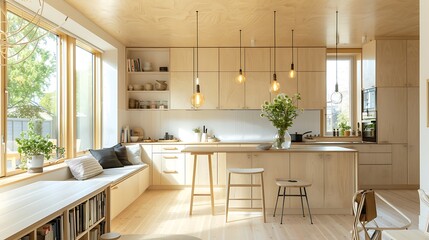 Wall Mural - A Scandinavian-inspired open kitchen with blonde wood cabinets, minimalist pendant lights, and a cozy reading nook by the window