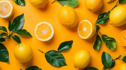 Wall Mural - Ripe juicy lemons and oranges with green leaves on bright yellow background - citrus fruits and vitamin c concept in creative summer minimalistic style - flat lay, top view