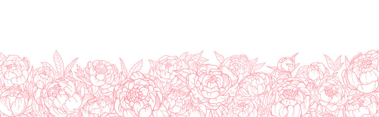 Aufkleber - Floral border design with peony flowers. Garden blossoms and blooms, outlined contoured drawing. Engraved decorative edge. Horizontal botanical decoration. Hand-drawn retro vector illustration