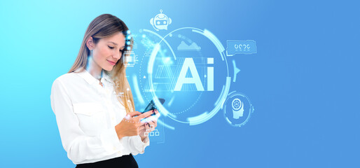 Poster - Woman with smartphone in hand, AI social network hologram hud