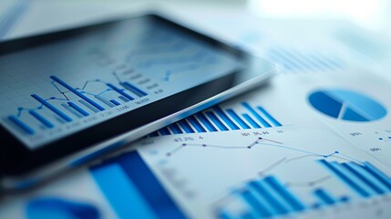 Poster - A close-up of a digital tablet showing a business graph, with charts and graphs in the background.