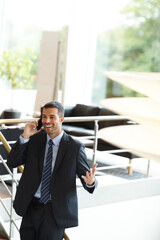 Poster - Phone call, outdoor or happy man in business talking for office project, conversation or deal communication. Consultant, smile or financial advisor networking for investment, negotiation or news chat