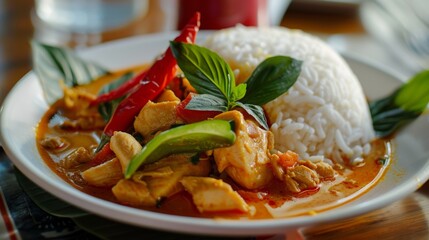 Wall Mural - A close-up of a dish of Thai red curry with chicken, served with a side of steamed jasmine rice.