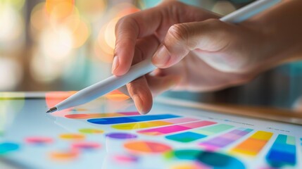 Poster - A close-up of a hand holding a pen, analyzing a colorful business graph on a tablet screen.