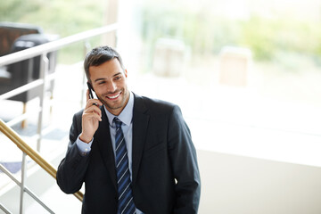 Poster - Phone call, smile or businessman in office talking for project, conversation or deal communication. Discussion, broker or happy financial advisor networking for investment, negotiation or good news