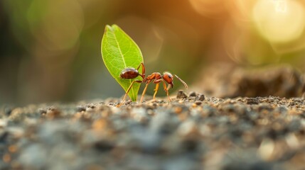 Aufkleber - A close-up of a single ant carrying a tiny leaf, showcasing the strength and industriousness of these tiny insects.