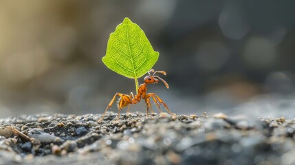 Aufkleber - A close-up of a single ant carrying a tiny leaf, showcasing the strength and industriousness of these tiny insects.