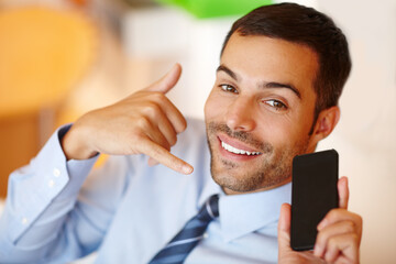 Poster - Phone call, hand gesture or happy businessman in portrait for office project, conversation or deal communication. Consultant, face or financial advisor networking for investment, negotiation or news