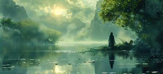Wall Mural - A digital painting of a tranquil figure standing by a river.