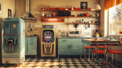 Wall Mural - A vintage-inspired open kitchen with retro appliances, checkerboard linoleum flooring, and a jukebox playing old tunes