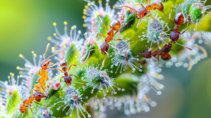 Poster - A close-up of ants interacting with aphids on a plant, highlighting the symbiotic relationship between the two species.