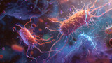 Fototapeta  - Colossal Bacteria Warriors Wage War on Microscopic Battlefield with Cilia and Flagella