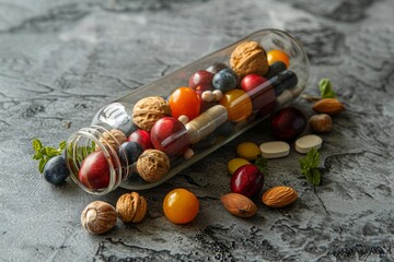 Poster - Medicine health concept. Nutritional supplement and vitamin supplements as a capsule with fruit vegetables nuts and beans inside a nutrient pill.