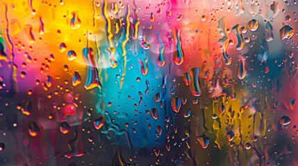 Aufkleber - A close-up of water droplets on a window pane, refracting the light into dazzling prisms of color.