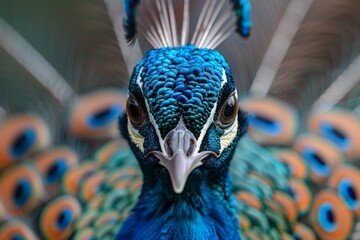 Striking close-up of a peacock's vibrant blue head and ornate feather patterns