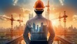 © thongdee - Civil engineer portrait as concept for building construct by professional with hardhat helmet engineer with double exposure of cityscape, urban with background of skyscraper. Flawless generative AI