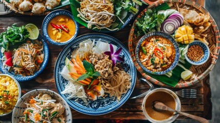 Wall Mural - A colorful spread of traditional Thai dishes including pad Thai, green curry, and mango sticky rice, beautifully arranged on a wooden table.