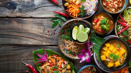 Wall Mural - A colorful spread of traditional Thai dishes including pad Thai, green curry, and mango sticky rice, beautifully arranged on a wooden table.