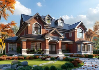 Large brick house with black roof and white windows