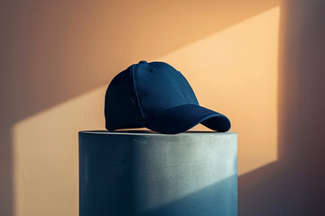 Wall Mural - A blue baseball cap sits atop a cement pillar in a minimalist setting. Mockup template for design print